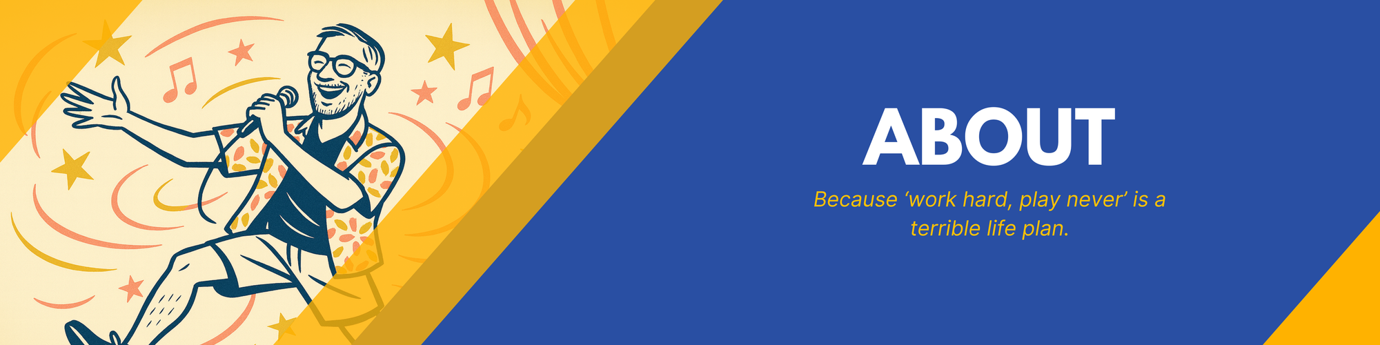 Banner: “About page banner — playfully drawn figure with microphone, creativity icons”