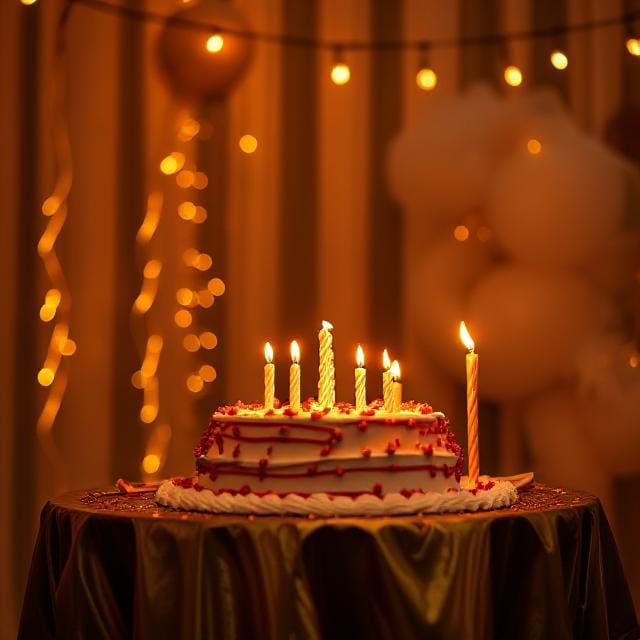A golden-huded photo with a birthday cake and lit candles in the foreground on a table. Balloons and string lights in the background.